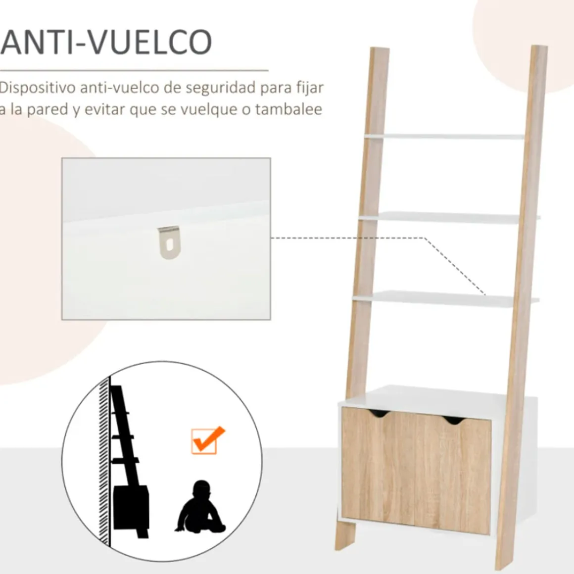 Estantería de escalera Homcom 3 estantes 1 armario blanco/natural 171x60x40 cm