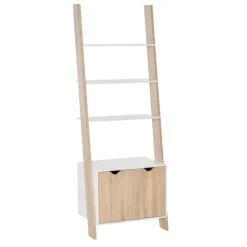 Estantería de escalera Homcom 3 estantes 1 armario blanco/natural 171x60x40 cm