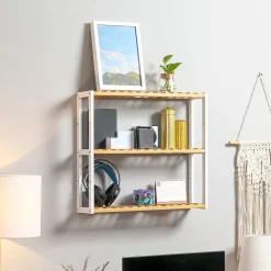 Estantería de pared Mihna Homcom 3 estantes blanco/natural 54x60x15 cm