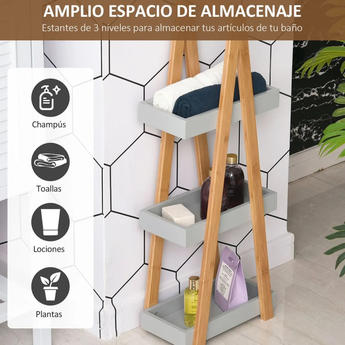 Estantería Dubai Kleankin 3 niveles gris/natural 81x30x18 cm