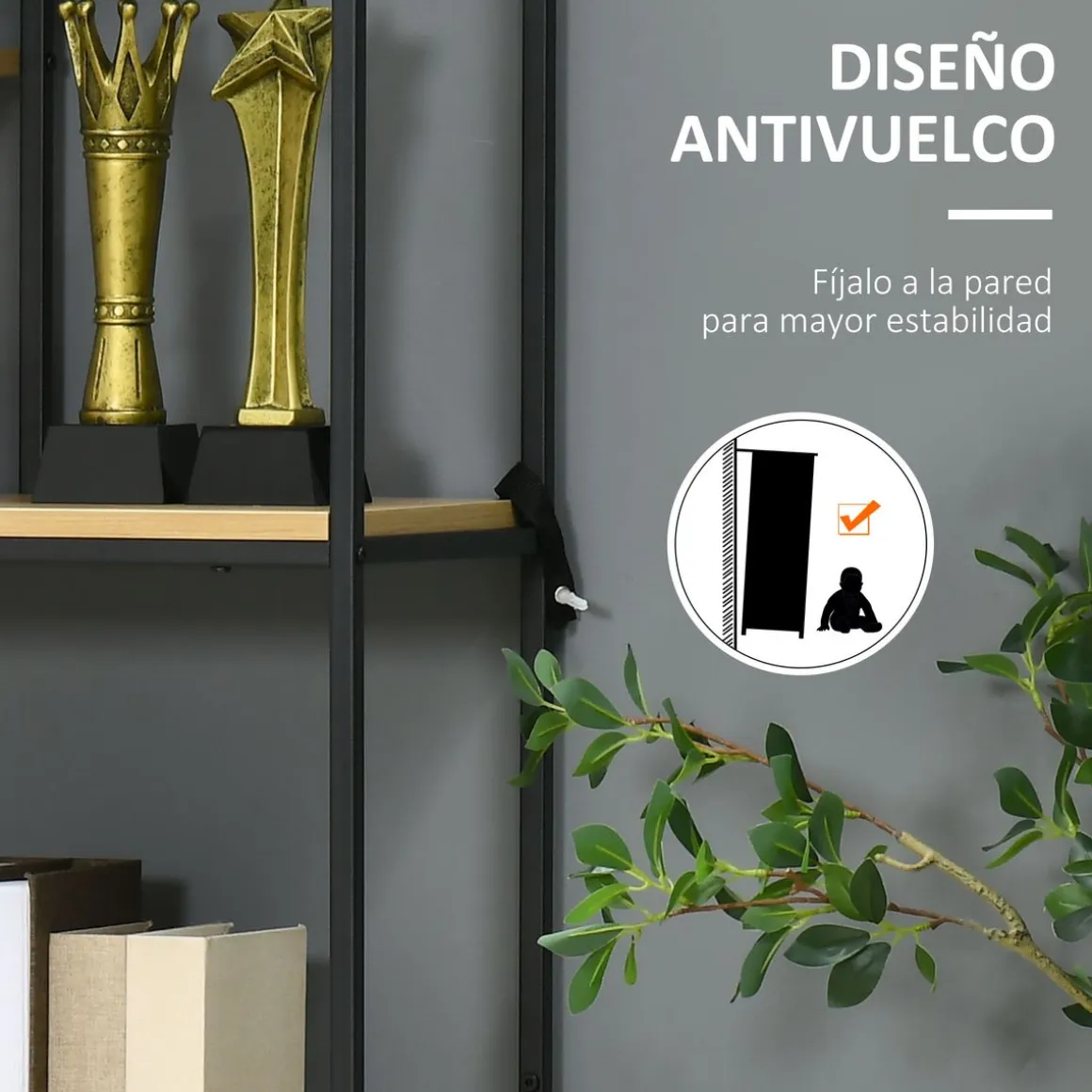 Estantería Galera Homcom 5 niveles 2 cajones natural/negro 170,5x80x30 cm