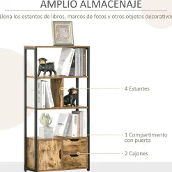 Estantería Homcom 4 estantes + 2 cajones + 1 armario marrón 122x58x24 cm