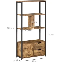 Estantería Homcom 4 estantes + 2 cajones + 1 armario marrón 122x58x24 cm