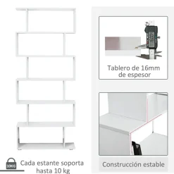 Estantería Homcom 6 niveles diseño en S blanco 191x80x24 cm