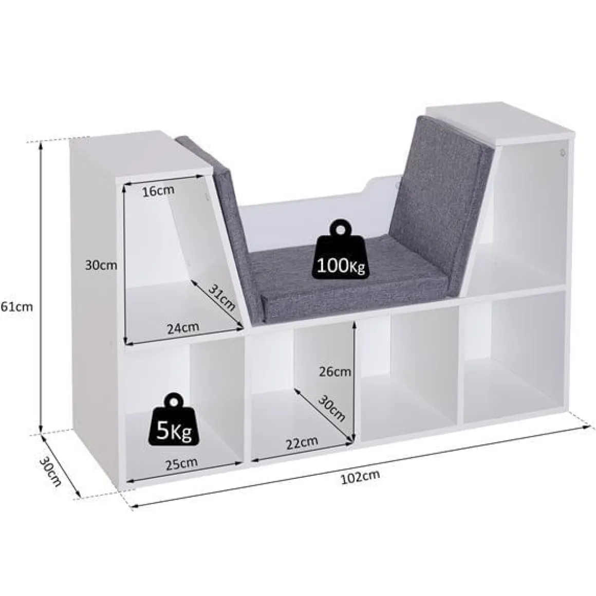 Estantería Homcom con asiento+cojín 6 cubículos blanco/gris 61x102x30 cm