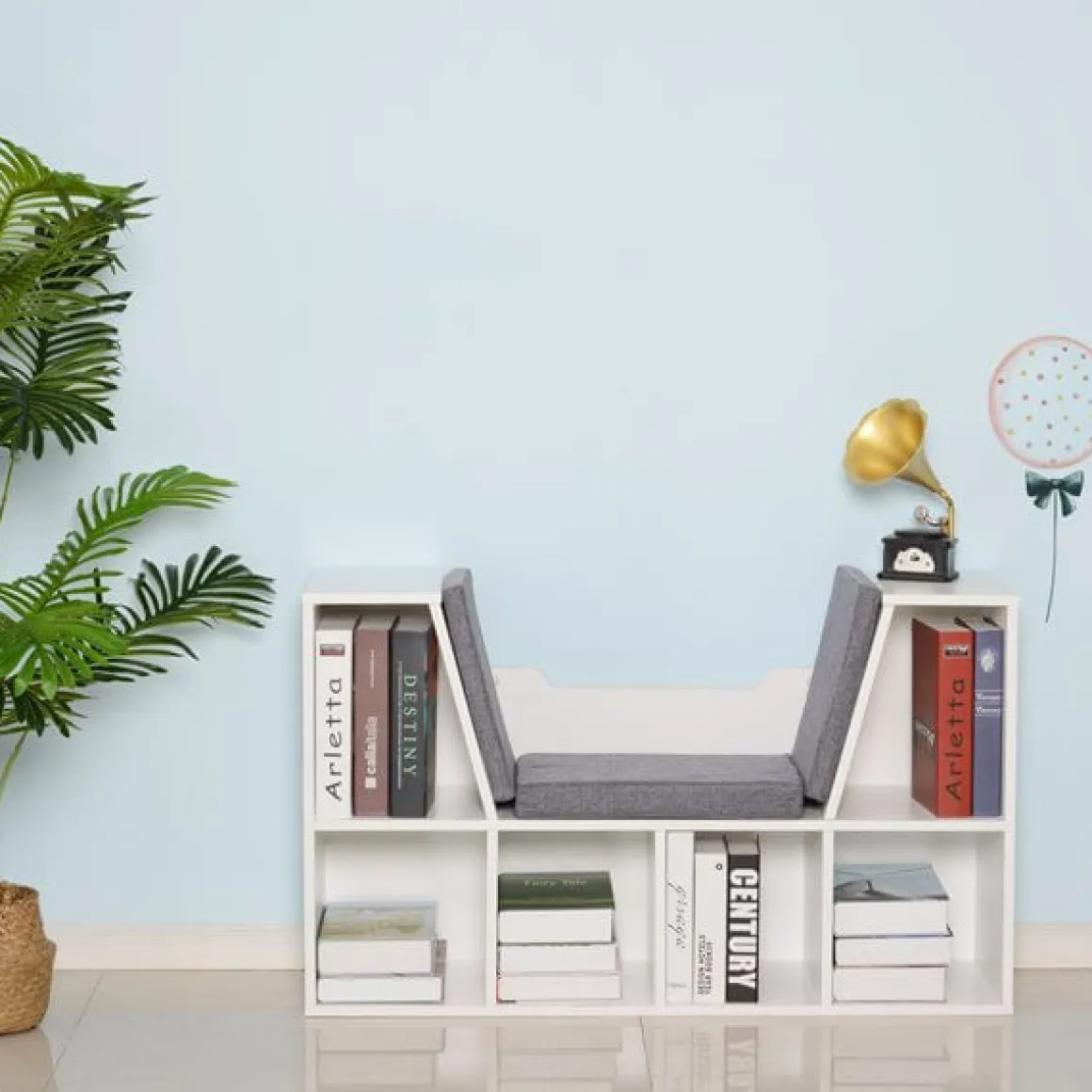 Estantería Homcom con asiento+cojín 6 cubículos blanco/gris 61x102x30 cm