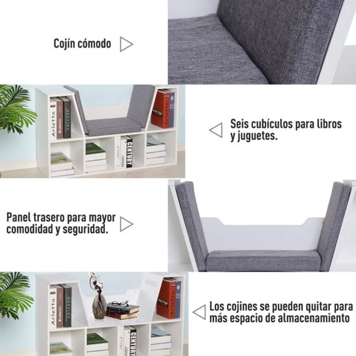 Estantería Homcom con asiento+cojín 6 cubículos blanco/gris 61x102x30 cm