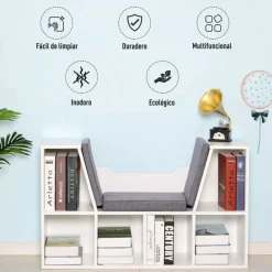 Estantería Homcom con asiento+cojín 6 cubículos blanco/gris 61x102x30 cm