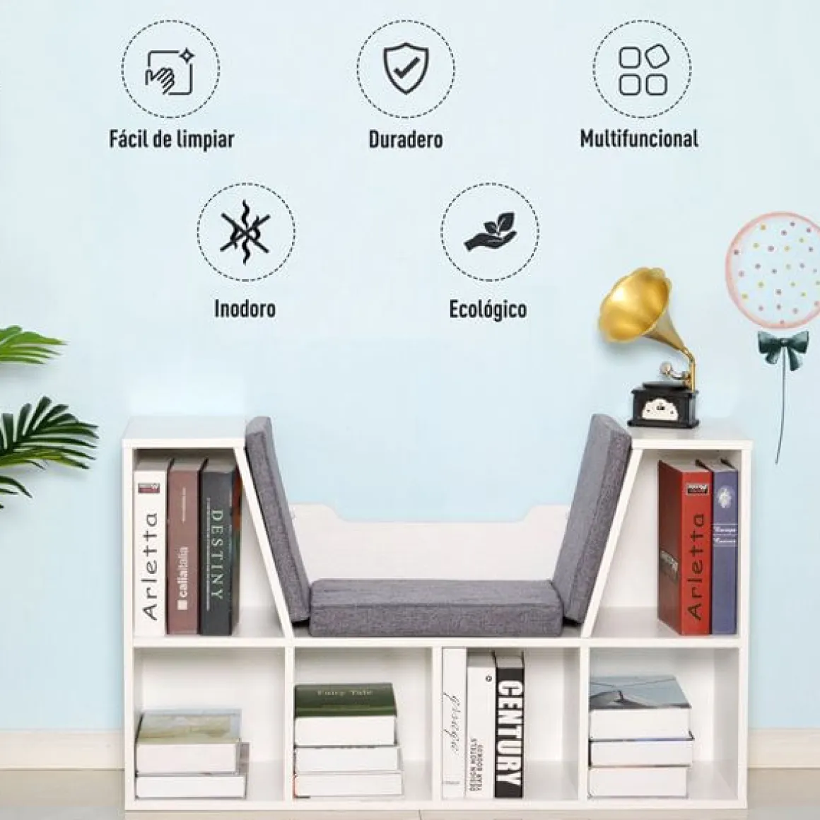 Estantería Homcom con asiento+cojín 6 cubículos blanco/gris 61x102x30 cm