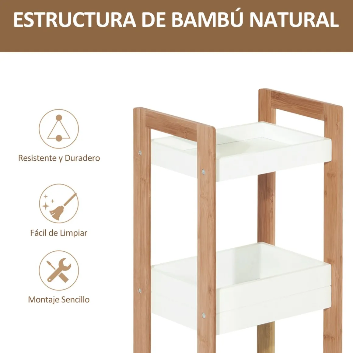 Estantería Huby Homcom 3 estantes blanco/natural 74x27,5x20,8 cm