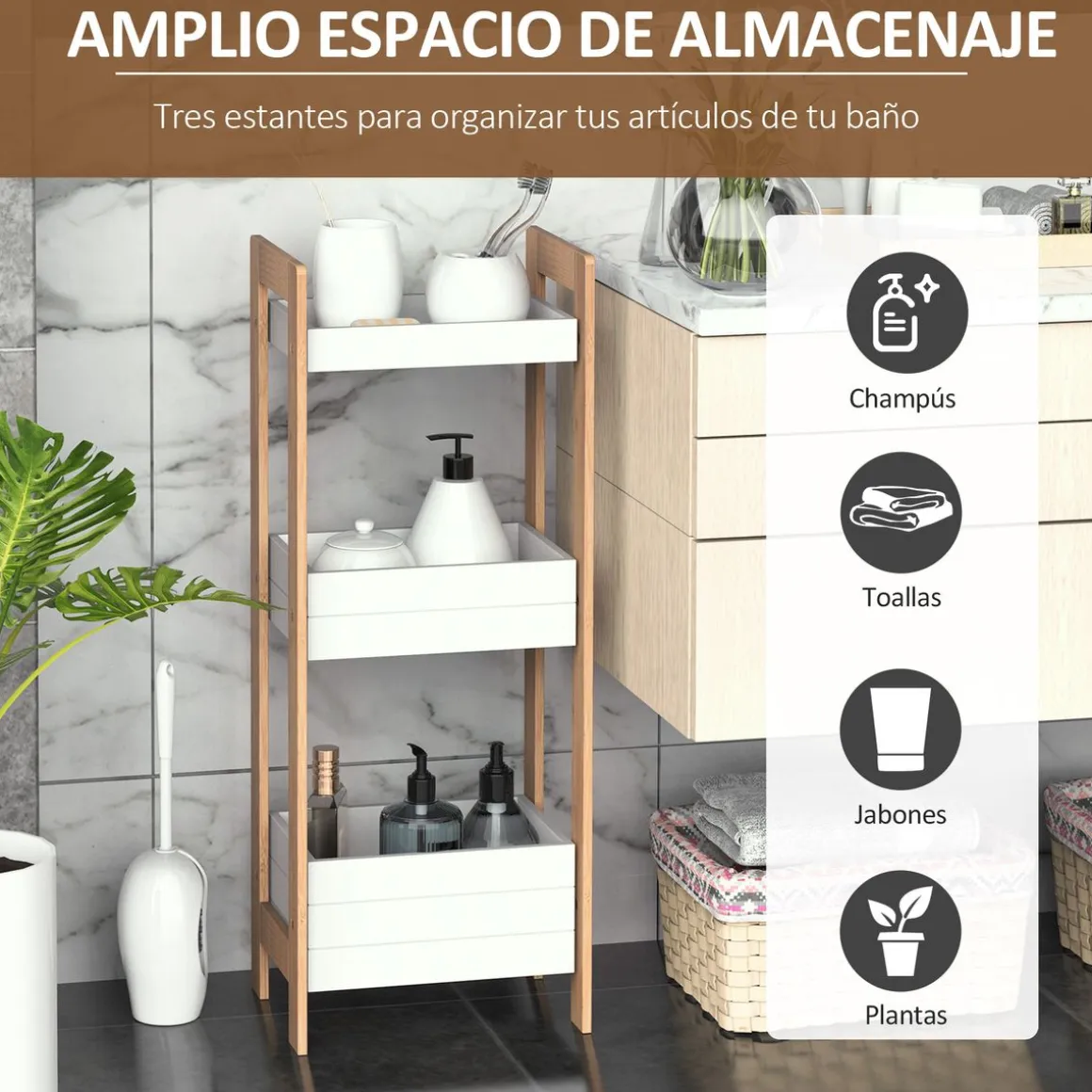 Estantería Huby Homcom 3 estantes blanco/natural 74x27,5x20,8 cm