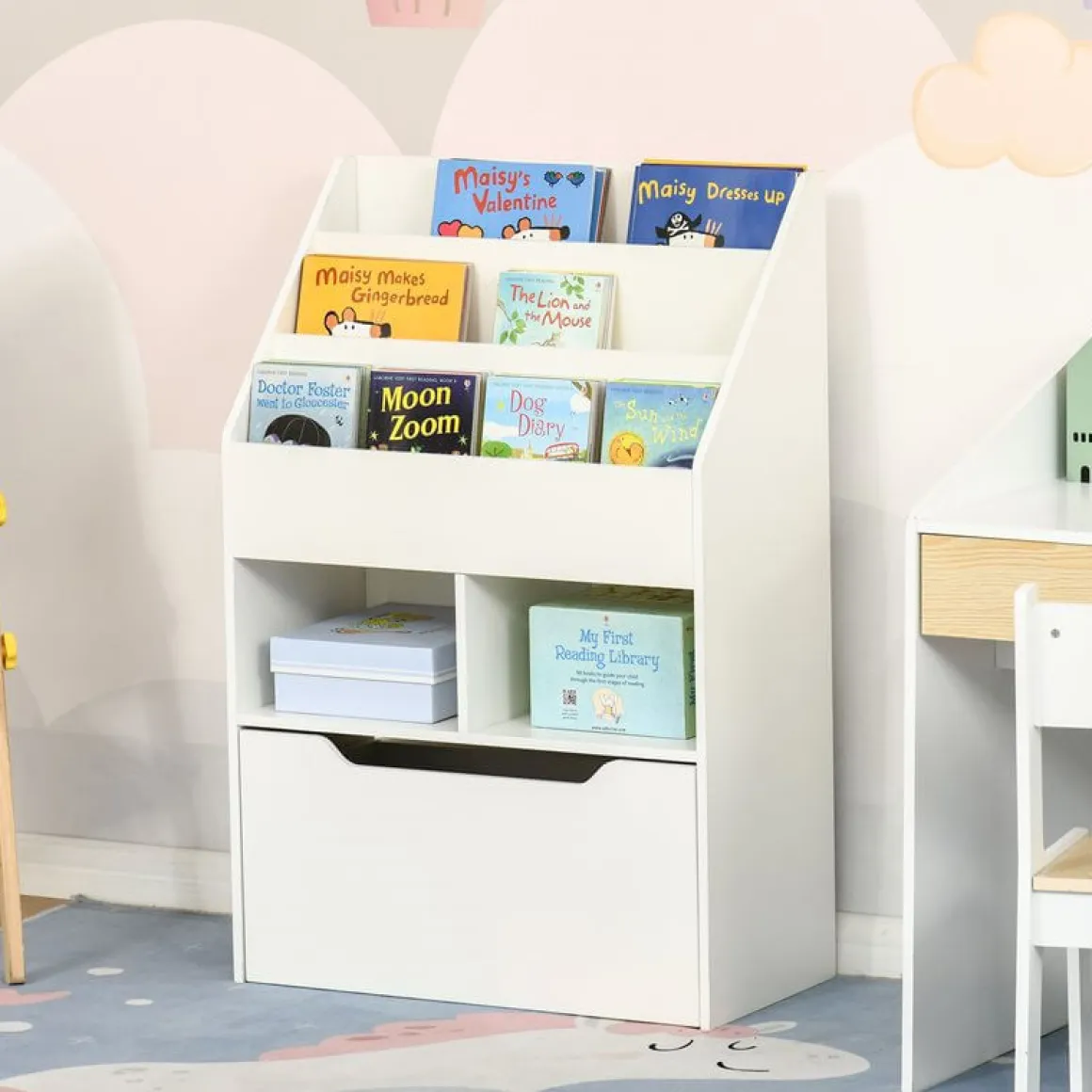 Estantería infantil Homcom 3 estantes de libros+2 huecos+1 cajón blanco 90x60x29,9 cm