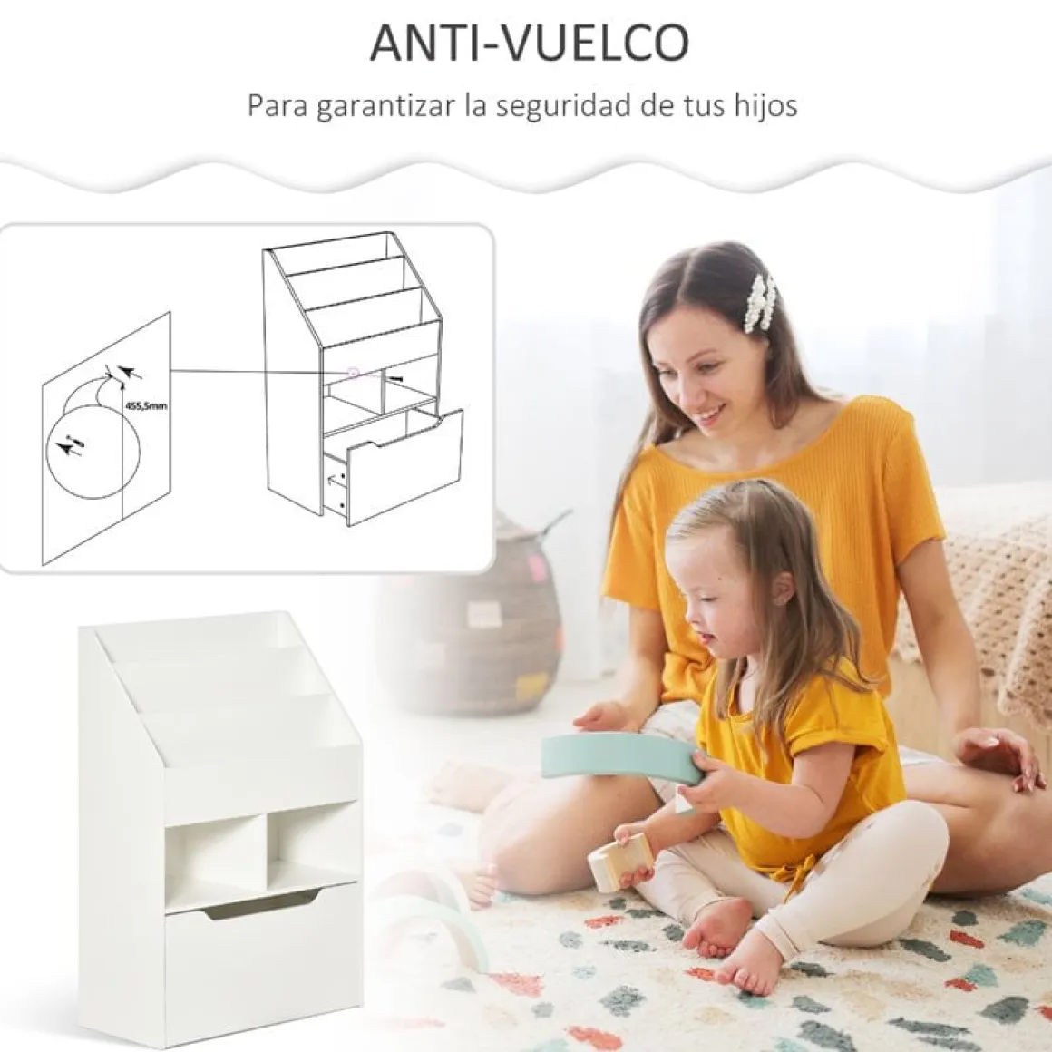 Estantería infantil Homcom 3 estantes de libros+2 huecos+1 cajón blanco 90x60x29,9 cm