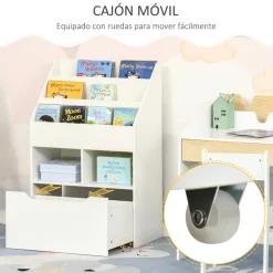 Estantería infantil Homcom 3 estantes de libros+2 huecos+1 cajón blanco 90x60x29,9 cm