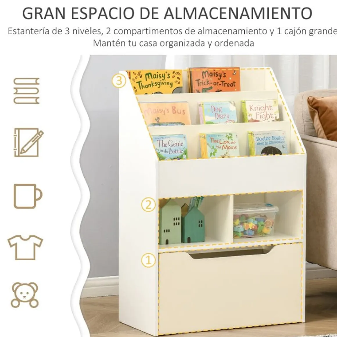 Estantería infantil Homcom 3 estantes de libros+2 huecos+1 cajón blanco 90x60x29,9 cm