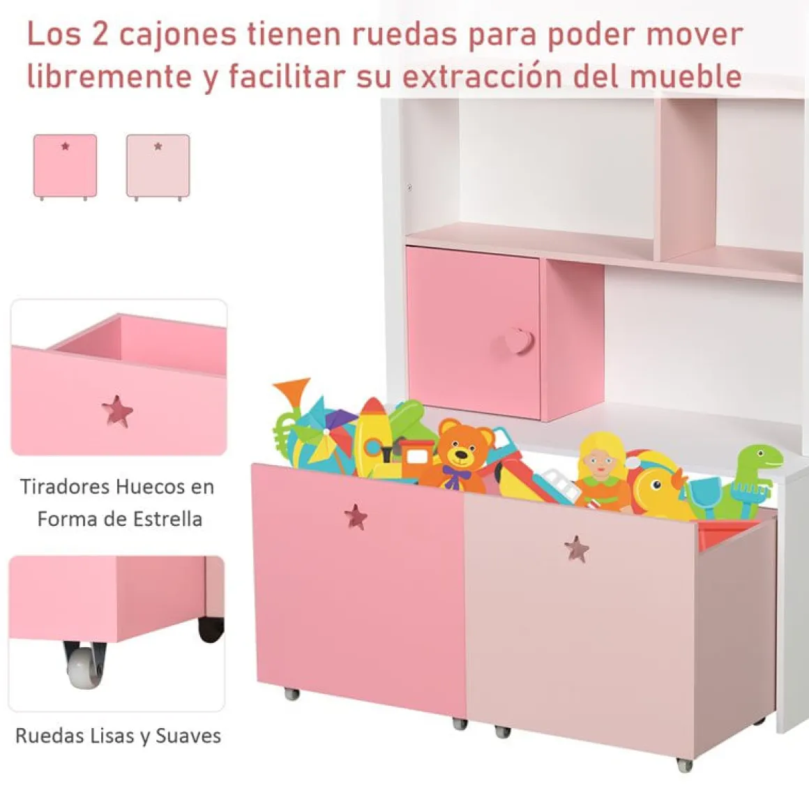 Estantería infantil Homcom 4 estantes+1 armario+2 cajones rosa/blanco 130x80x34 cm