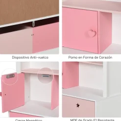 Estantería infantil Homcom 4 estantes+1 armario+2 cajones rosa/blanco 130x80x34 cm