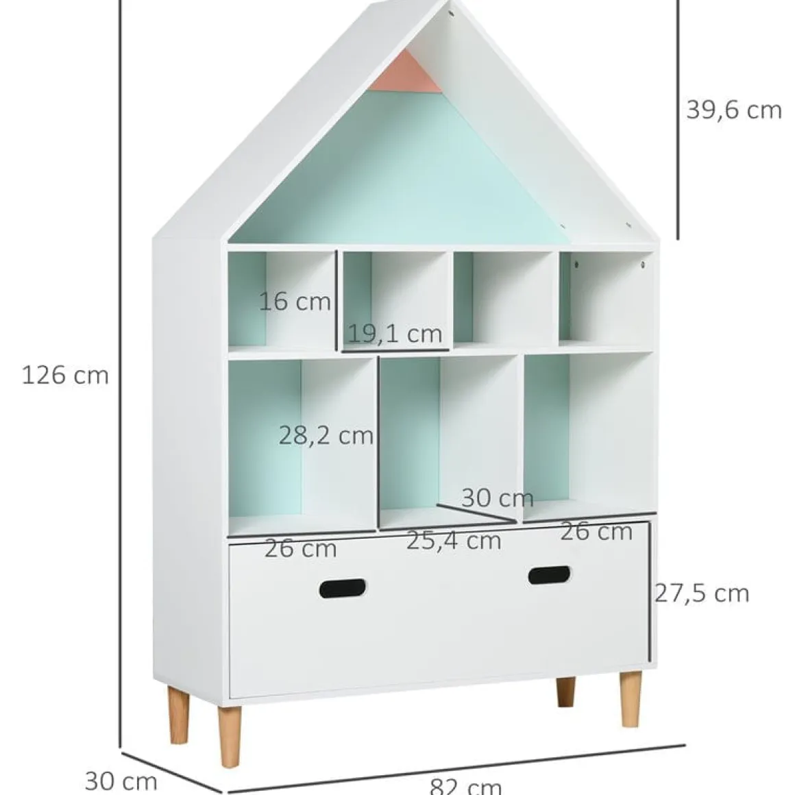 Estantería infantil Homcom diseño casita blanco/azul/rosa 126x82x30 cm