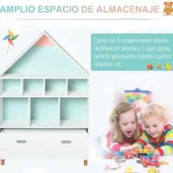 Estantería infantil Homcom diseño casita blanco/azul/rosa 126x82x30 cm