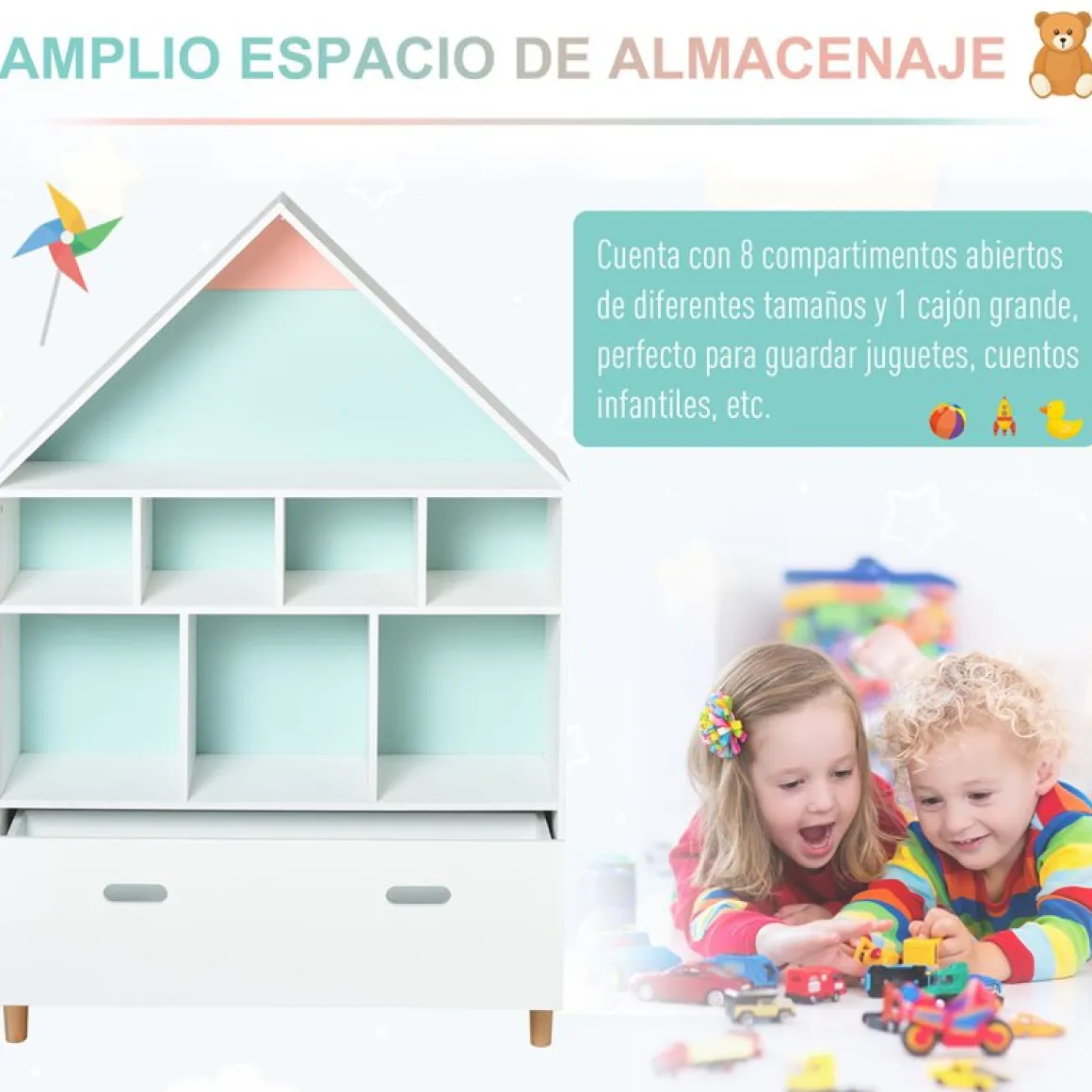 Estantería infantil Homcom diseño casita blanco/azul/rosa 126x82x30 cm