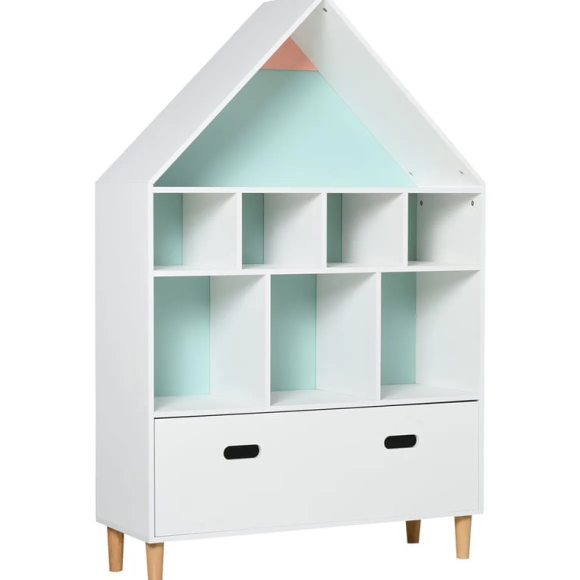 Estantería infantil Homcom diseño casita blanco/azul/rosa 126x82x30 cm