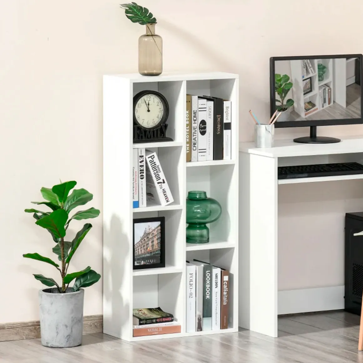 Estantería Kalma Homcom 7 compartimentos blanco 106x50x24 cm
