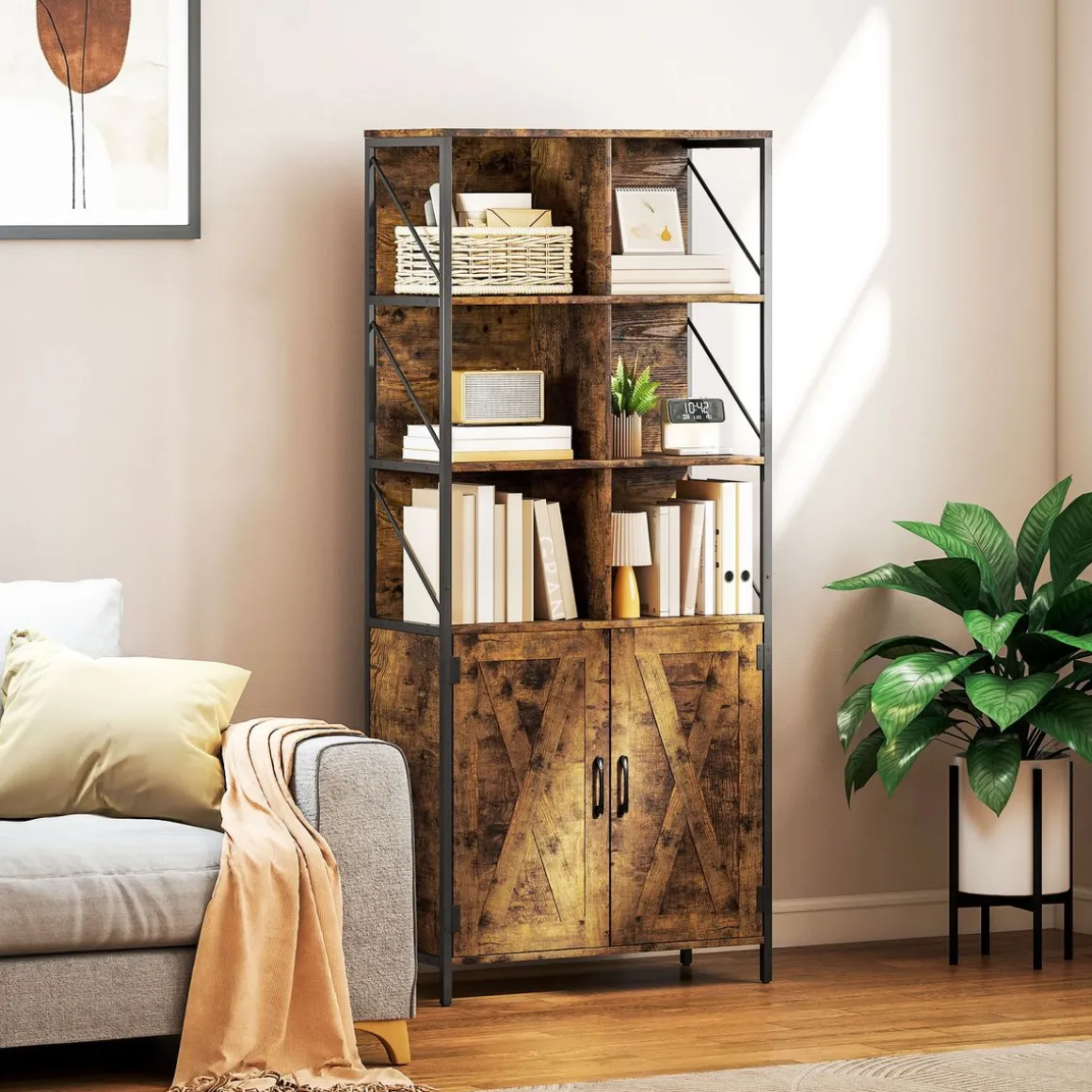 Estantería Kivo Homcom 6 compartimentos con armario marrón 172x75x34 cm