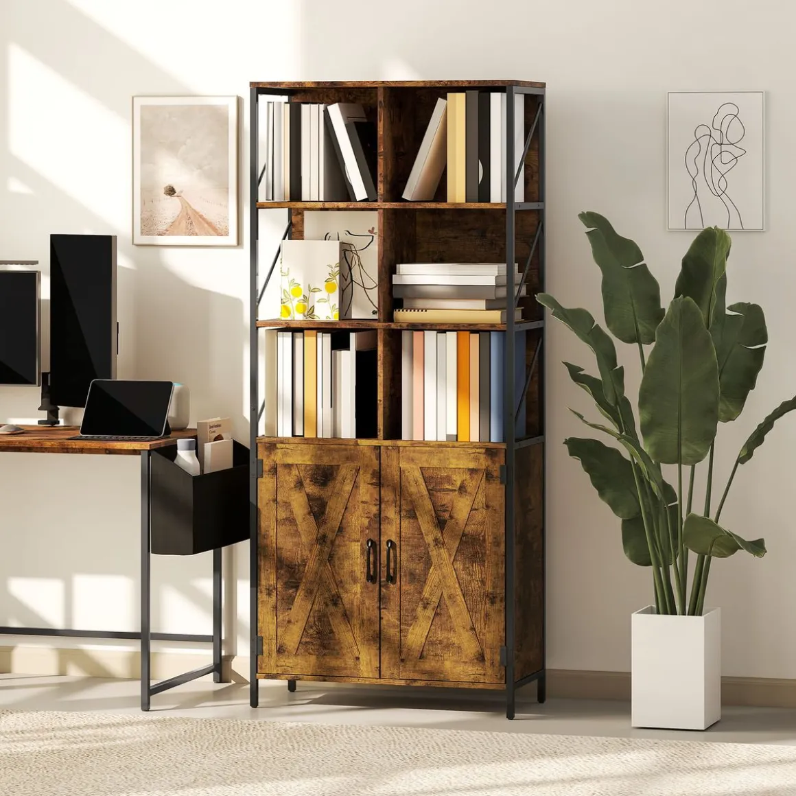 Estantería Kivo Homcom 6 compartimentos con armario marrón 172x75x34 cm