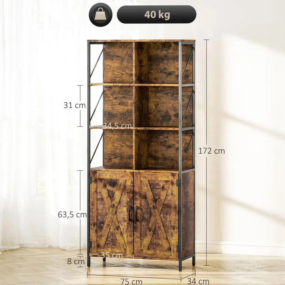 Estantería Kivo Homcom 6 compartimentos con armario marrón 172x75x34 cm