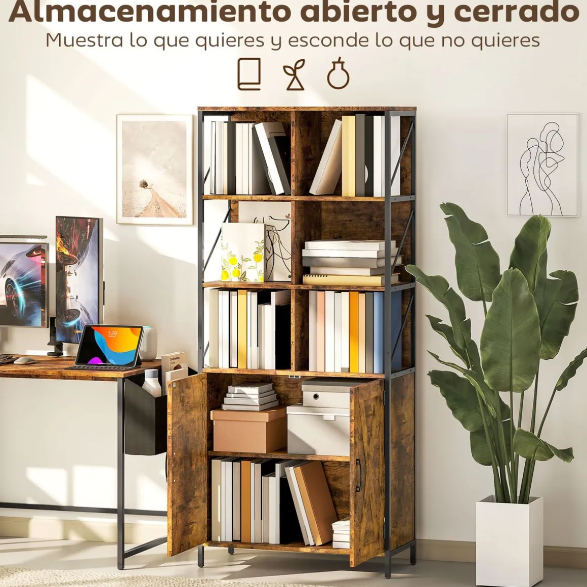 Estantería Kivo Homcom 6 compartimentos con armario marrón 172x75x34 cm