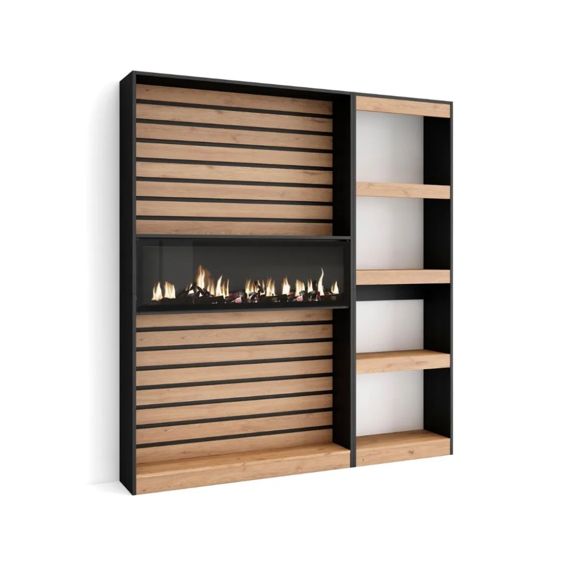 Estantería Kroma 4 estantes con chimenea izquierda natural/negro 186x170x25 cm