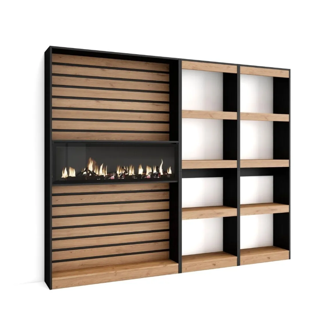 Estantería Kroma 8 estantes con chimenea izquierda negro/roble 186x230x25 cm