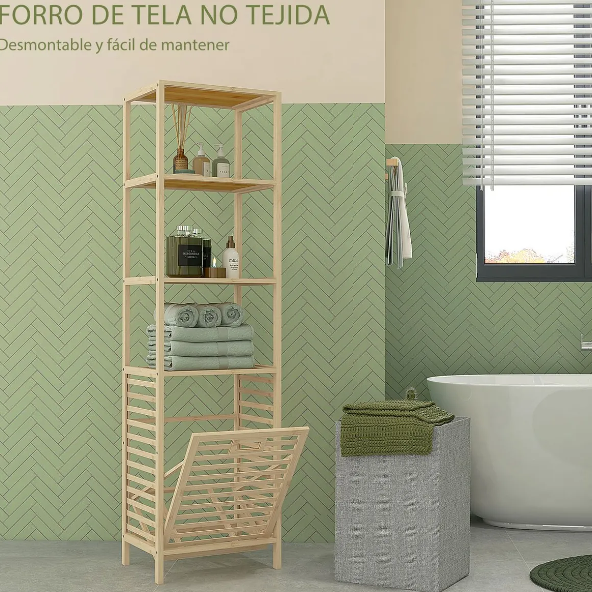 Estantería Lake Homcom 3 estantes + cesto desmontable natural 160x44x33 cm