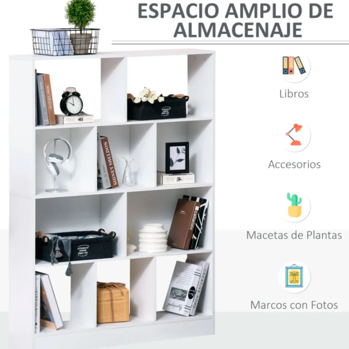 Estantería librería Homcom 4 niveles 10 compartimentos blanco 140x100x23,8 cm