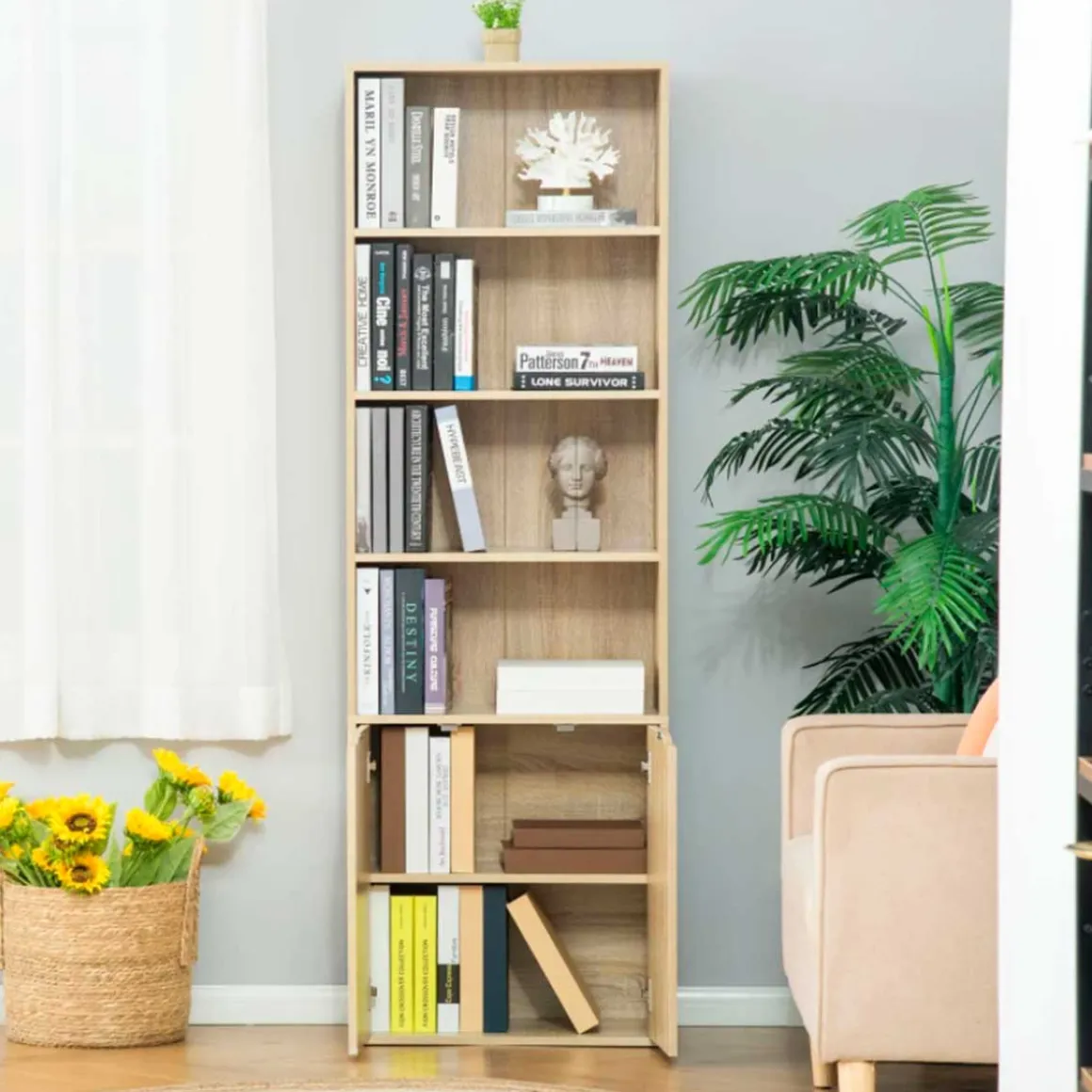 Estantería librería Homcom 1 armario con 2 estantes + 4 estantes abiertos natural 180x59x29 cm