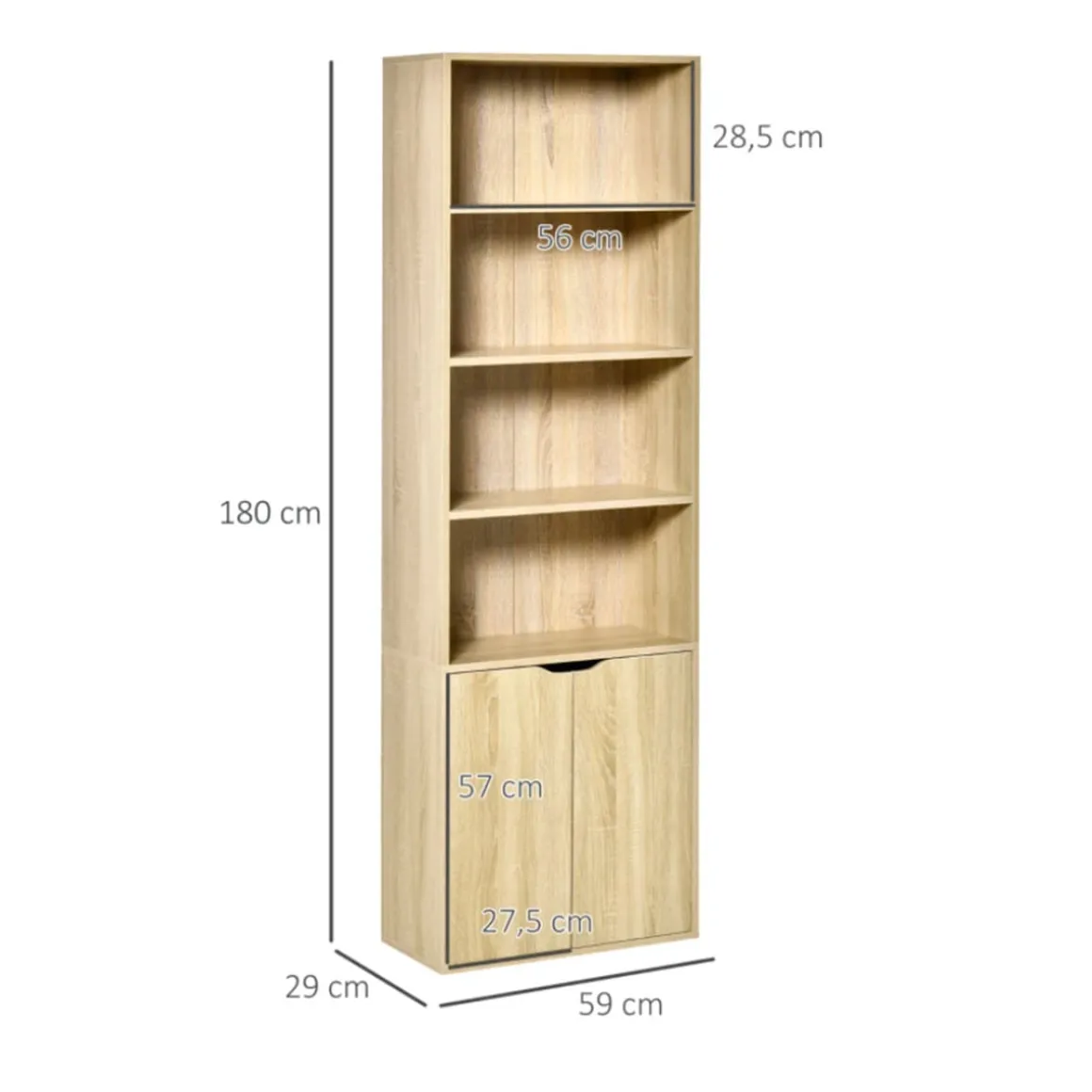 Estantería librería Homcom 1 armario con 2 estantes + 4 estantes abiertos natural 180x59x29 cm