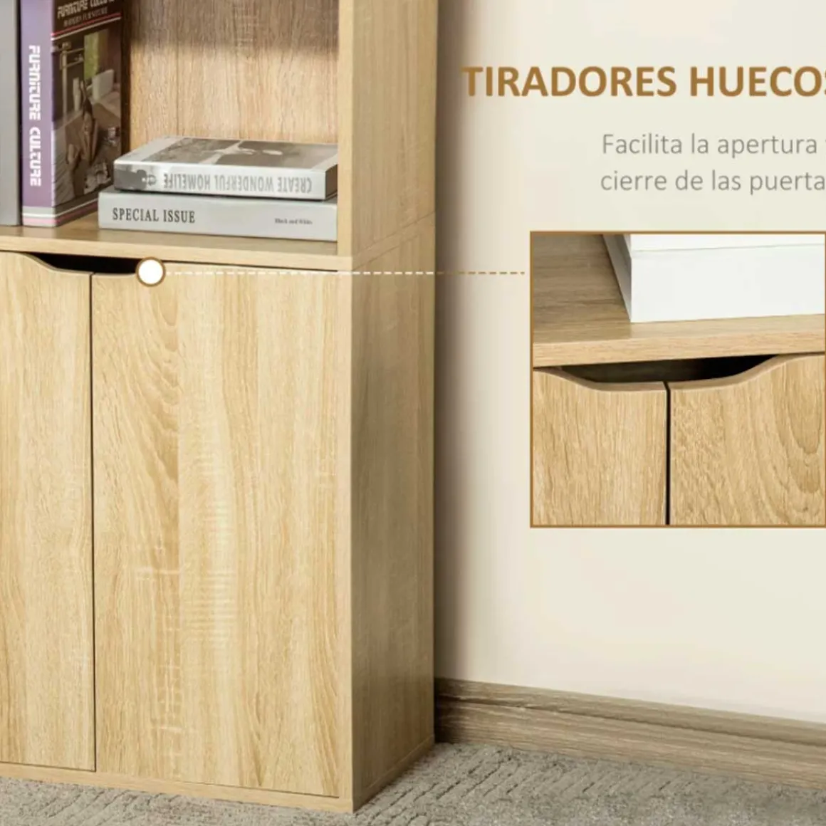 Estantería librería Homcom 1 armario con 2 estantes + 4 estantes abiertos natural 180x59x29 cm