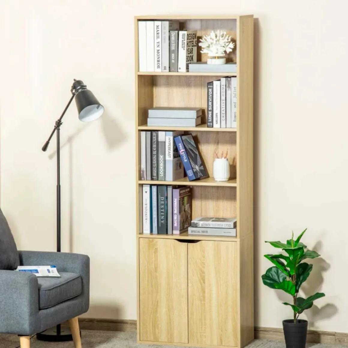 Estantería librería Homcom 1 armario con 2 estantes + 4 estantes abiertos natural 180x59x29 cm