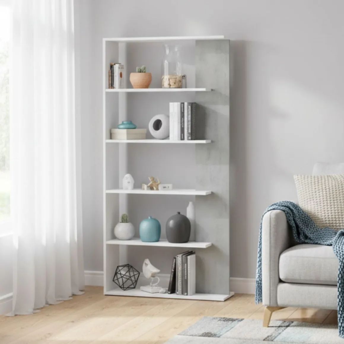 Estantería Loras 5 niveles blanco/cemento 180x90x25 cm - Separador de ambientes