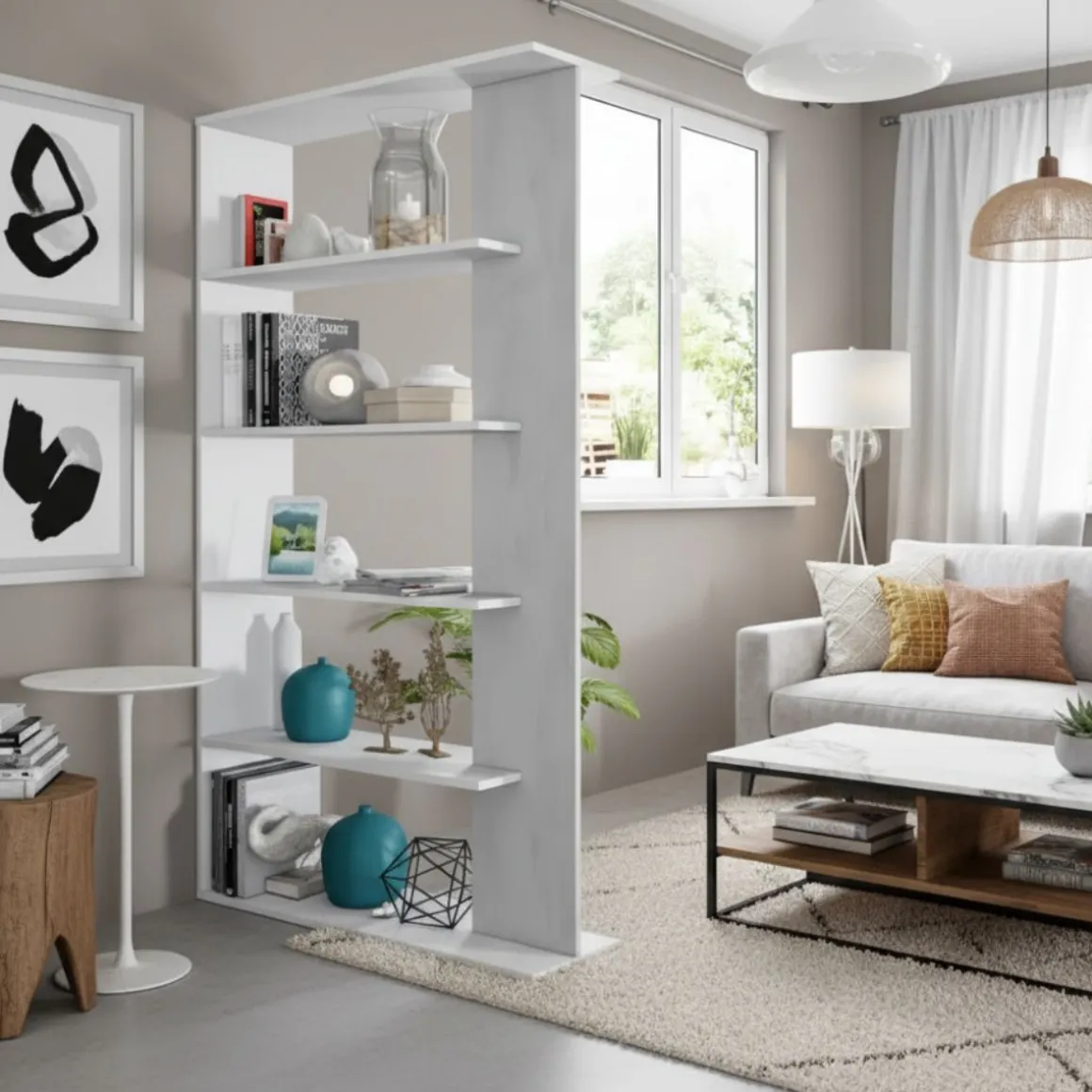 Estantería Loras 5 niveles blanco/cemento 180x90x25 cm - Separador de ambientes