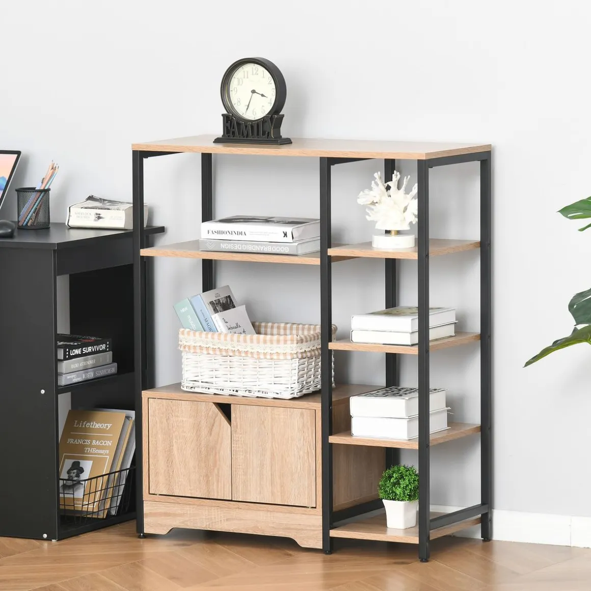Estantería Miss Homcom doble puerta + 5 estantes natural/negro 97x80x35 cm