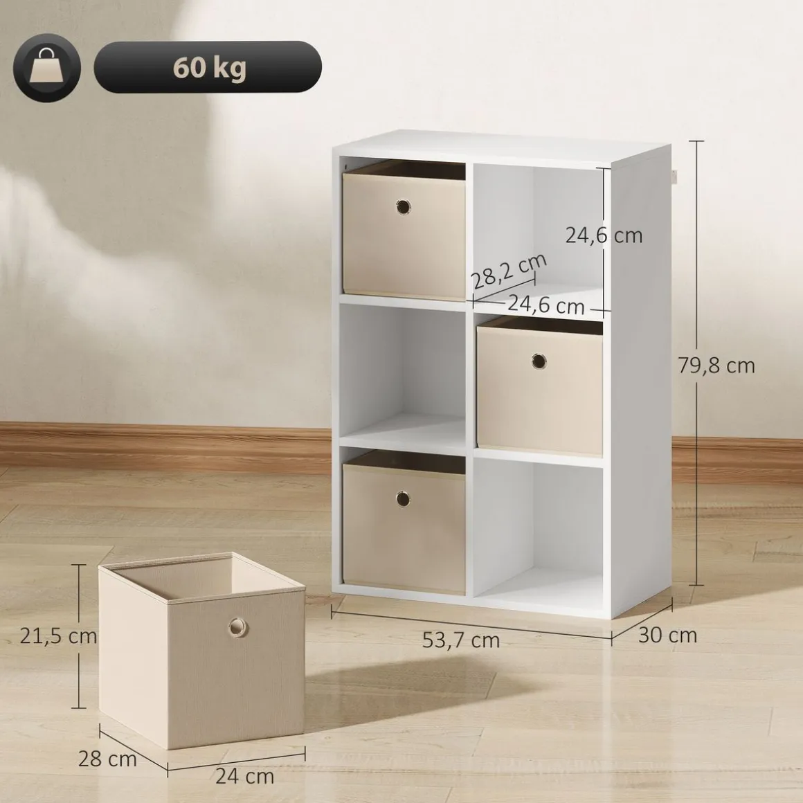 Estantería Neko Homcom 6 compartimentos con 3 cajones blanco 79,8x53,7x30 cm