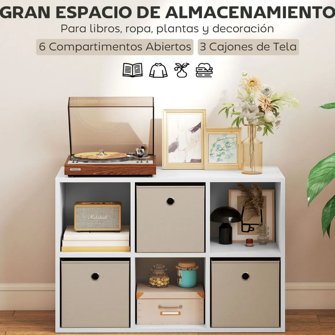 Estantería Neko Homcom 6 compartimentos con 3 cajones blanco 79,8x53,7x30 cm