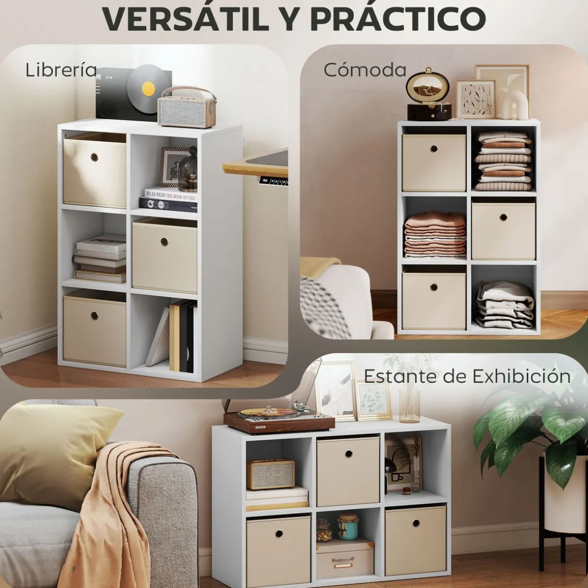 Estantería Neko Homcom 6 compartimentos con 3 cajones blanco 79,8x53,7x30 cm