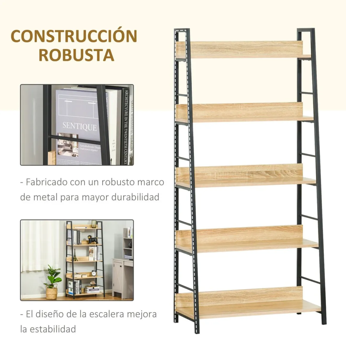 Estantería Nogal Homcom 5 niveles tipo librería natural/negro 149,5x70x35 cm