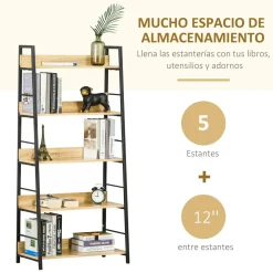 Estantería Nogal Homcom 5 niveles tipo librería natural/negro 149,5x70x35 cm