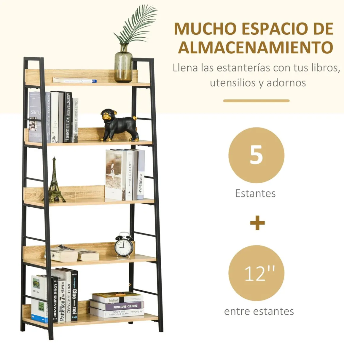 Estantería Nogal Homcom 5 niveles tipo librería natural/negro 149,5x70x35 cm
