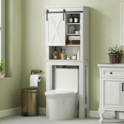 Estantería para inodoro Celeste Homcom puerta corredera + 6 compartimentos blanco 172x67x25 cm