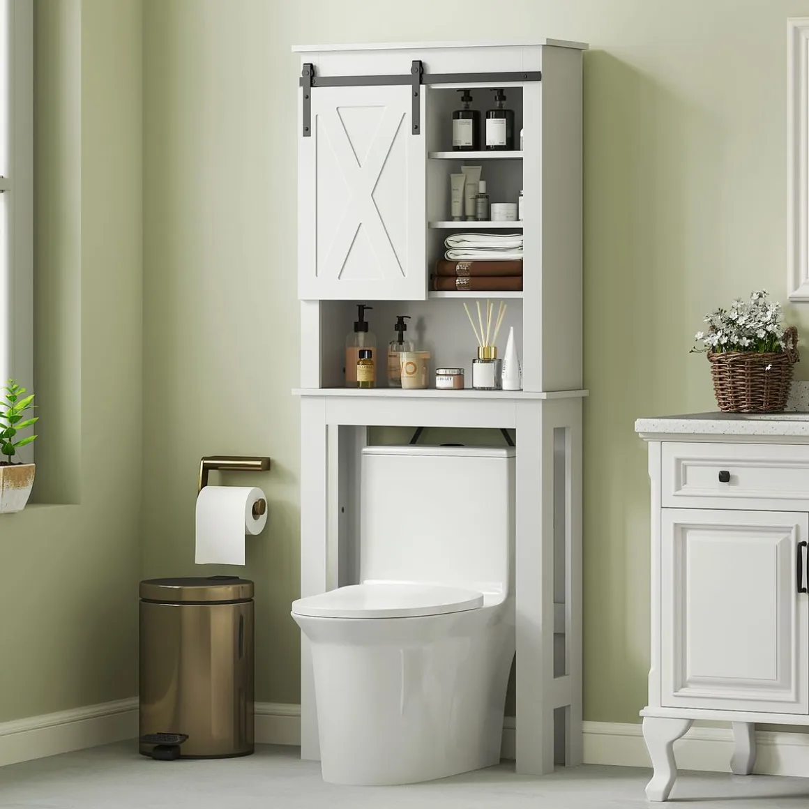 Estantería para inodoro Celeste Homcom puerta corredera + 6 compartimentos blanco 172x67x25 cm