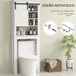 Estantería para inodoro Celeste Homcom puerta corredera + 6 compartimentos blanco 172x67x25 cm
